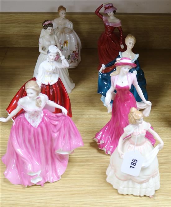 Eight Royal Doulton figures: Deborah, Gail, Nicole, Easter Parade, Mary, Wedding Celebration, Marilyn and Janine tallest 23cm